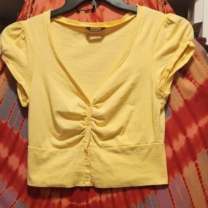 Yellow Ruched Cap Sleeve Crop Blouse
